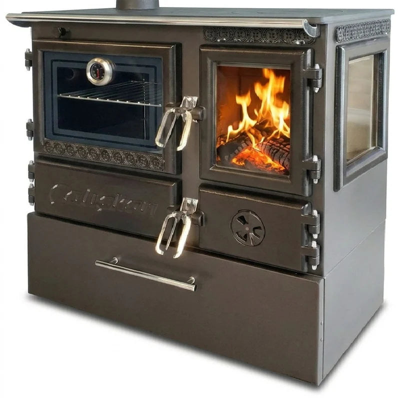 Fogão a lenha panorâmico Caliskan 214-3D BOX esquerdo, 6,04 kW, classe A